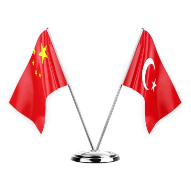 Two table flags isolated on white background 3d illustration, china and turkey