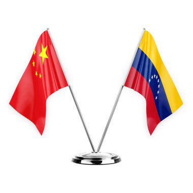 Two table flags isolated on white background 3d illustration, china and venezuela