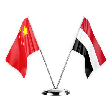 Two table flags isolated on white background 3d illustration, china and yemen