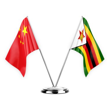 Two table flags isolated on white background 3d illustration, china and zimbabwe