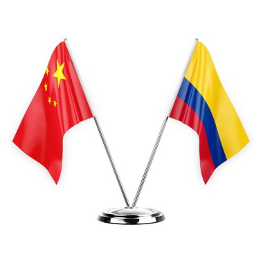 Two table flags isolated on white background 3d illustration, china and colombia