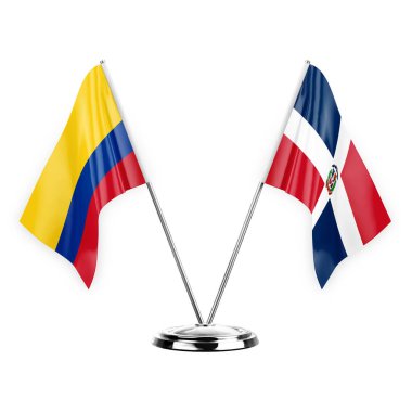 Two table flags isolated on white background 3d illustration, colombia and dominican republic