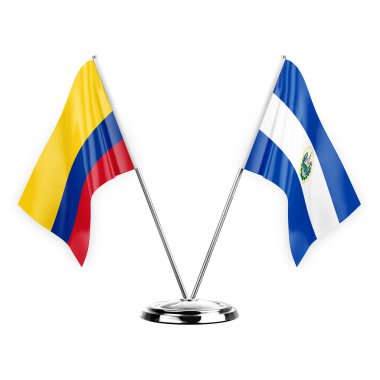 Two table flags isolated on white background 3d illustration, colombia and el salvador