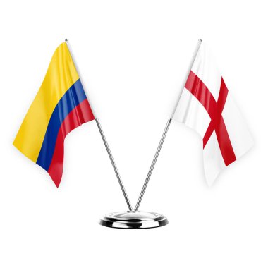 Two table flags isolated on white background 3d illustration, colombia and england