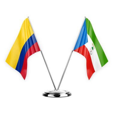 Two table flags isolated on white background 3d illustration, colombia and equatorial guinea