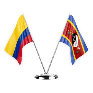 Two table flags isolated on white background 3d illustration, colombia and eswatini
