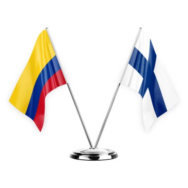 Two table flags isolated on white background 3d illustration, colombia and finland