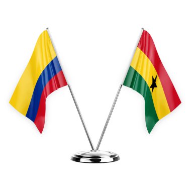 Two table flags isolated on white background 3d illustration, colombia and ghana