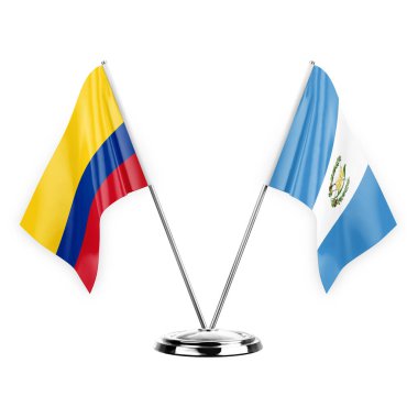 Two table flags isolated on white background 3d illustration, colombia and guatemala