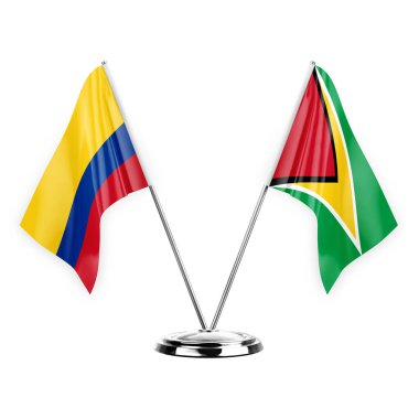 Two table flags isolated on white background 3d illustration, colombia and guyana