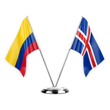 Two table flags isolated on white background 3d illustration, colombia and iceland
