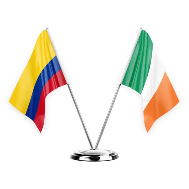Two table flags isolated on white background 3d illustration, colombia and ireland
