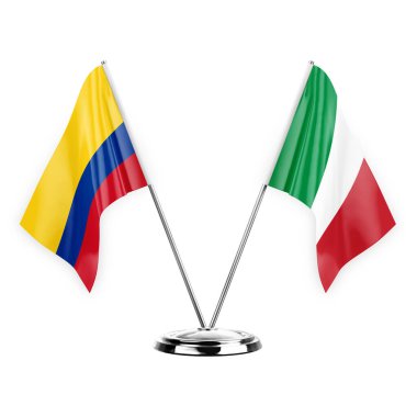 Two table flags isolated on white background 3d illustration, colombia and italy