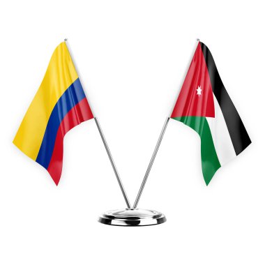 Two table flags isolated on white background 3d illustration, colombia and jordan