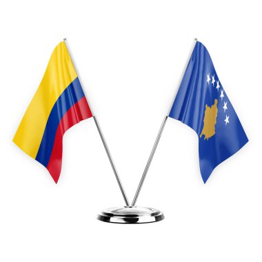 Two table flags isolated on white background 3d illustration, colombia and kosovo