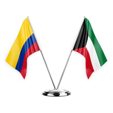 Two table flags isolated on white background 3d illustration, colombia and kuwait