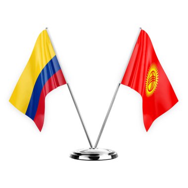 Two table flags isolated on white background 3d illustration, colombia and kyrgyzstan