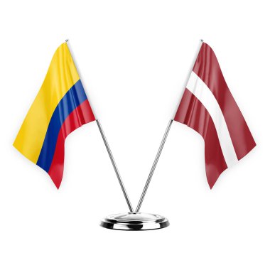 Two table flags isolated on white background 3d illustration, colombia and latvia