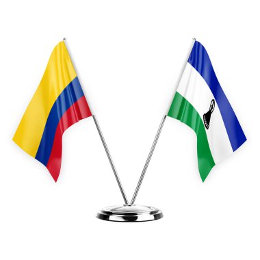 Two table flags isolated on white background 3d illustration, colombia and lesotho