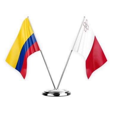 Two table flags isolated on white background 3d illustration, colombia and malta
