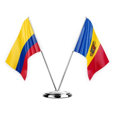 Two table flags isolated on white background 3d illustration, colombia and moldova