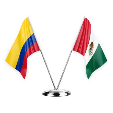 Two table flags isolated on white background 3d illustration, colombia and mexico