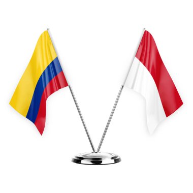 Two table flags isolated on white background 3d illustration, colombia and monaco