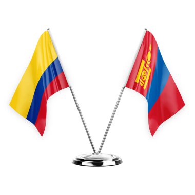 Two table flags isolated on white background 3d illustration, colombia and mongolia