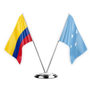 Two table flags isolated on white background 3d illustration, colombia and micronesia