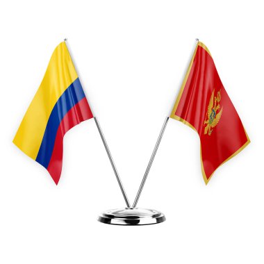 Two table flags isolated on white background 3d illustration, colombia and montenegro