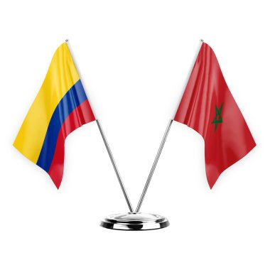 Two table flags isolated on white background 3d illustration, colombia and morocco