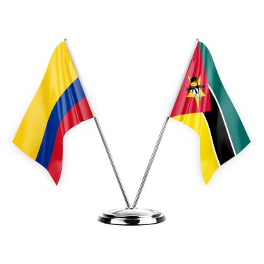 Two table flags isolated on white background 3d illustration, colombia and mozambique