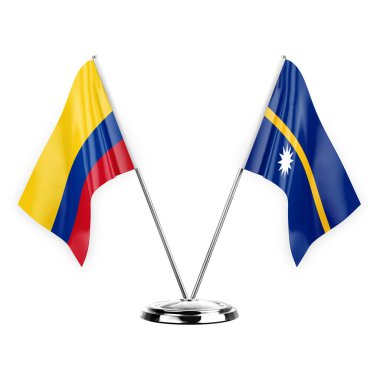 Two table flags isolated on white background 3d illustration, colombia and nauru