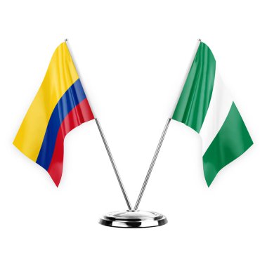 Two table flags isolated on white background 3d illustration, colombia and nigeria