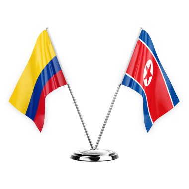 Two table flags isolated on white background 3d illustration, colombia and north korea