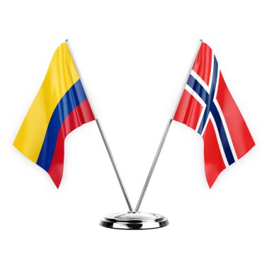 Two table flags isolated on white background 3d illustration, colombia and norway