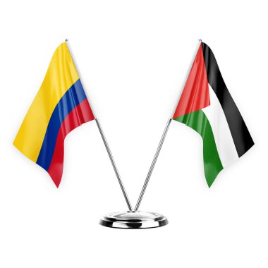 Two table flags isolated on white background 3d illustration, colombia and palestine