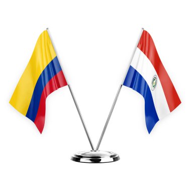 Two table flags isolated on white background 3d illustration, colombia and paraguay