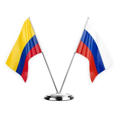 Two table flags isolated on white background 3d illustration, colombia and russia