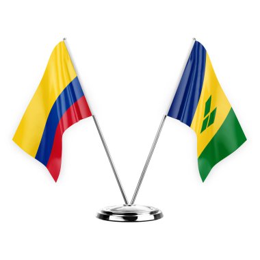 Two table flags isolated on white background 3d illustration, colombia and saint vincent and the grenadines