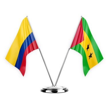 Two table flags isolated on white background 3d illustration, colombia and sao tome and principe