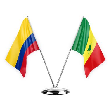 Two table flags isolated on white background 3d illustration, colombia and senegal