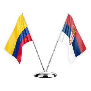 Two table flags isolated on white background 3d illustration, colombia and serbia