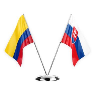 Two table flags isolated on white background 3d illustration, colombia and slovakia