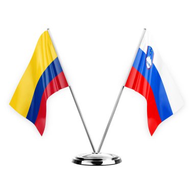 Two table flags isolated on white background 3d illustration, colombia and slovenia