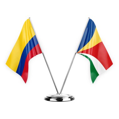 Two table flags isolated on white background 3d illustration, colombia and seychelles