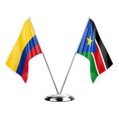 Two table flags isolated on white background 3d illustration, colombia and south sudan