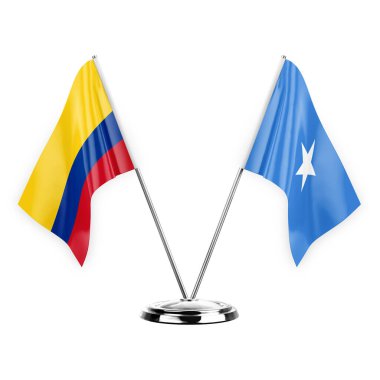 Two table flags isolated on white background 3d illustration, colombia and somalia