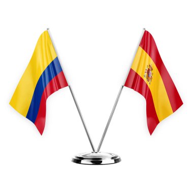 Two table flags isolated on white background 3d illustration, colombia and spain