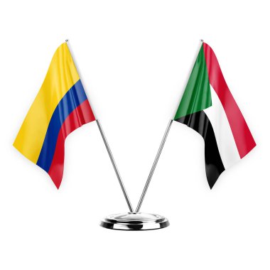 Two table flags isolated on white background 3d illustration, colombia and sudan